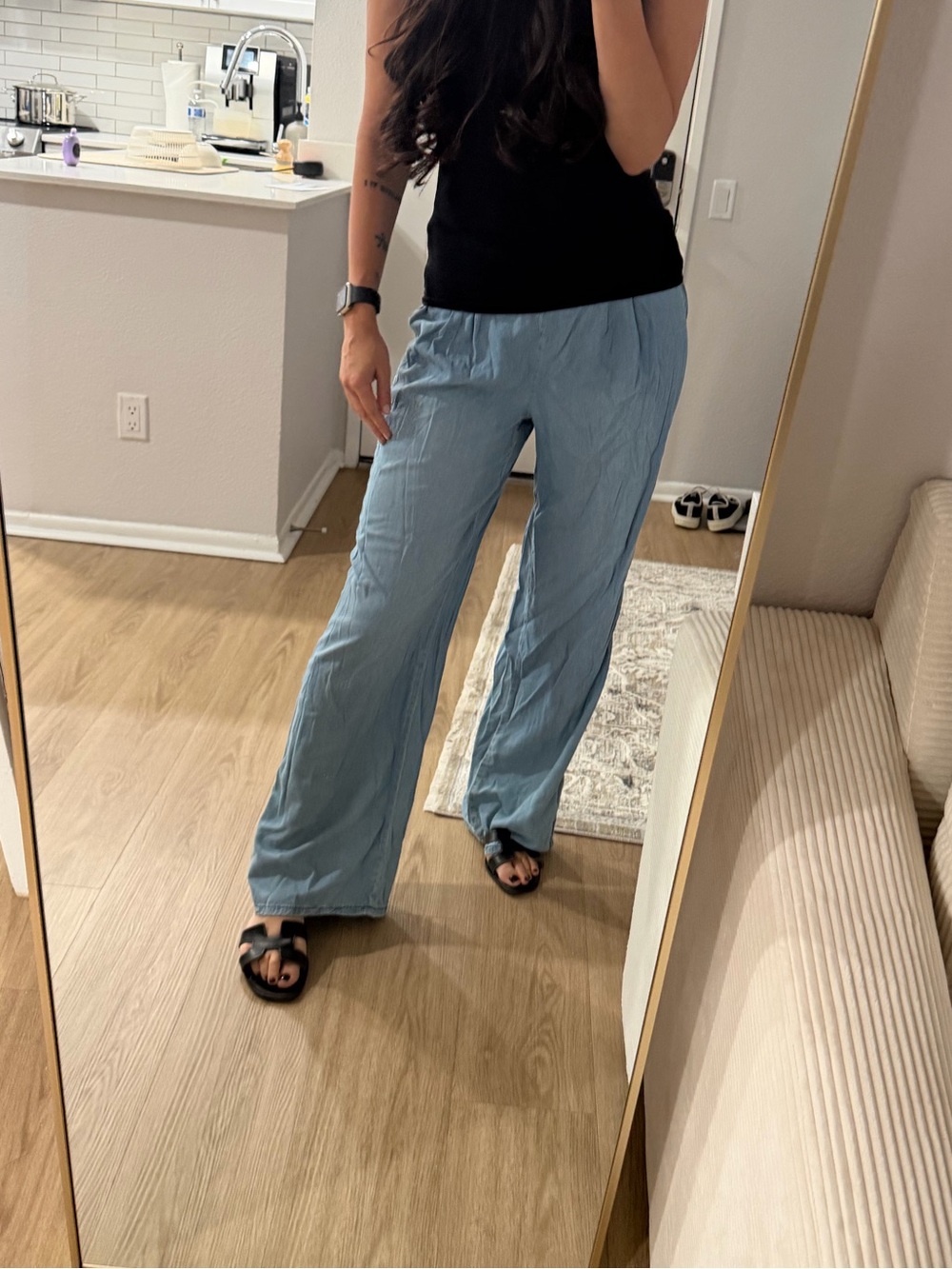Light Blue Wide Leg Pants - Casual Linen Look